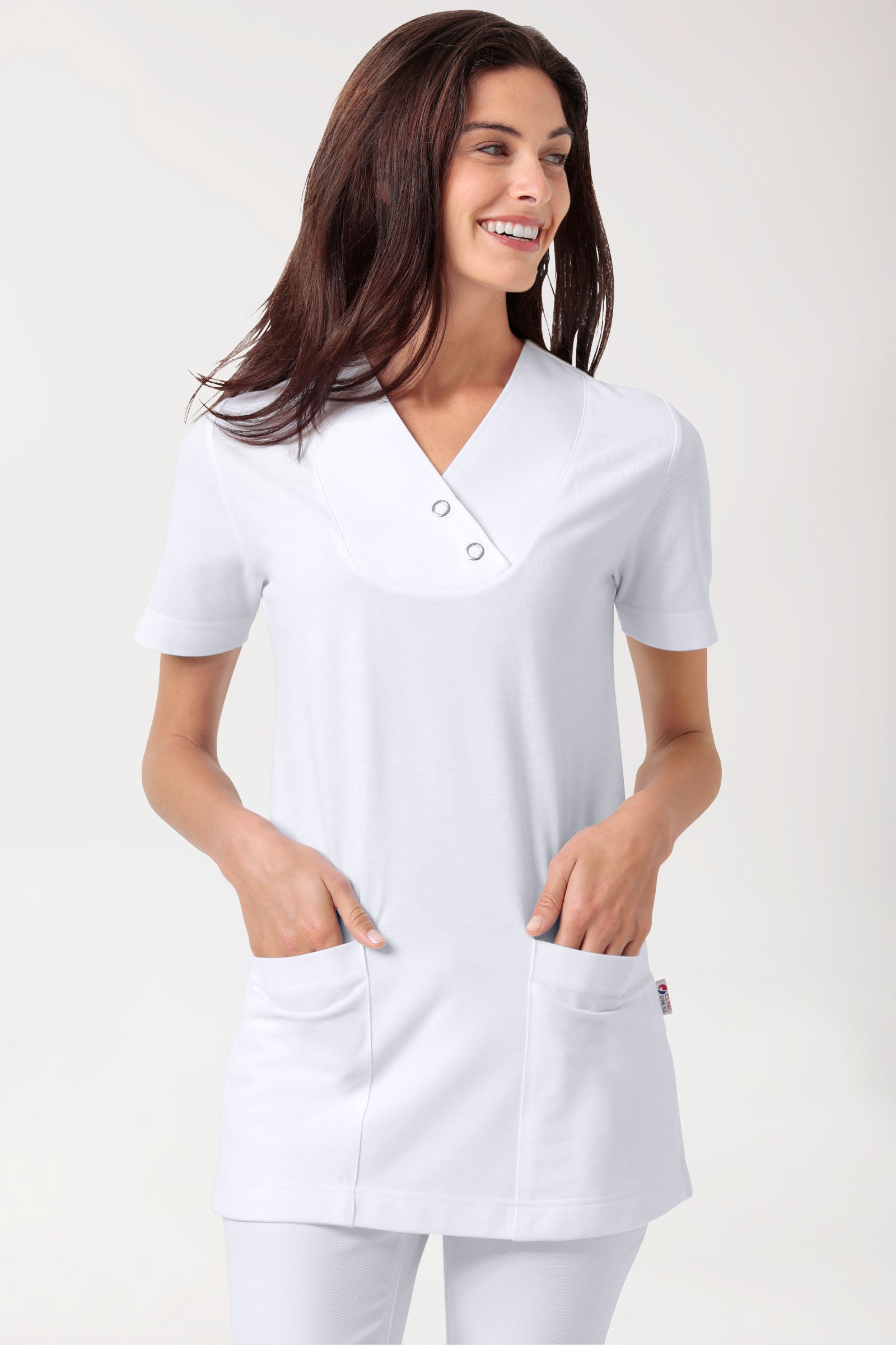 Piqué Longshirt Damen - V-Ausschnitt weiß