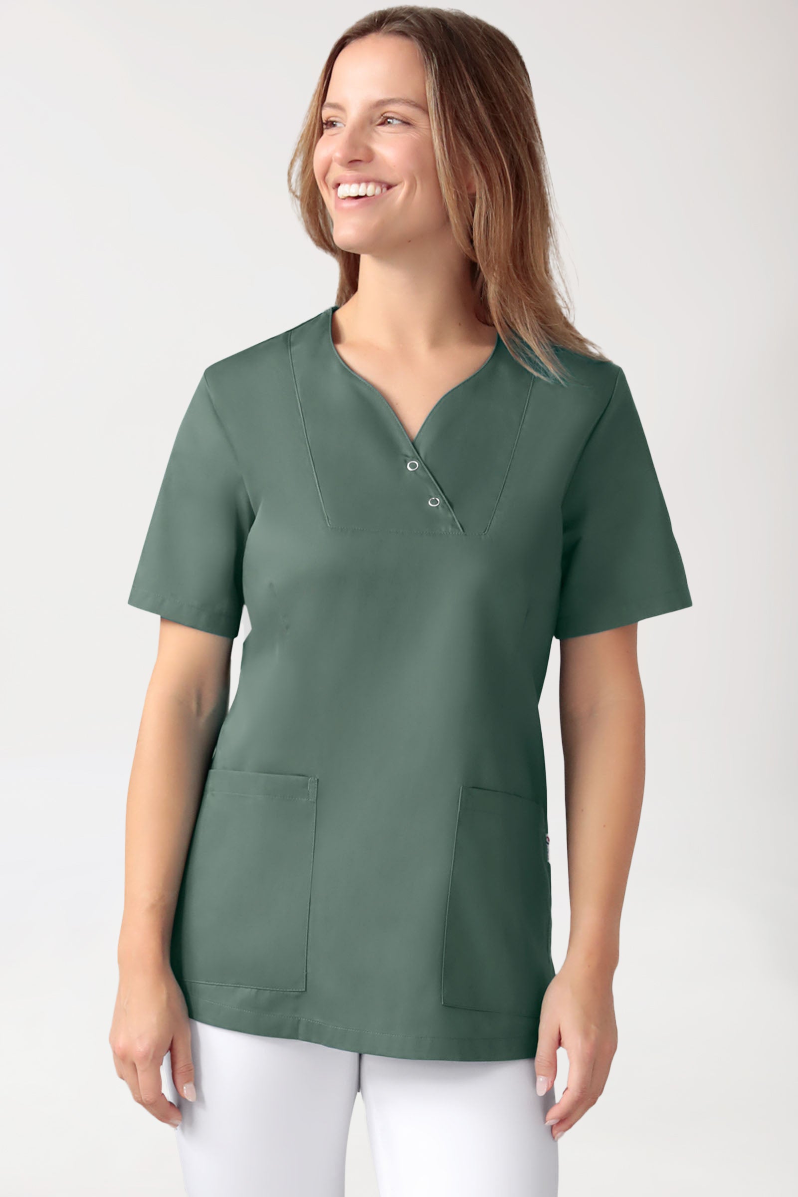 CORE Schlupfkasack Damen curved fit - mit Druckknöpfen dunkelgrün, Vorderansicht 