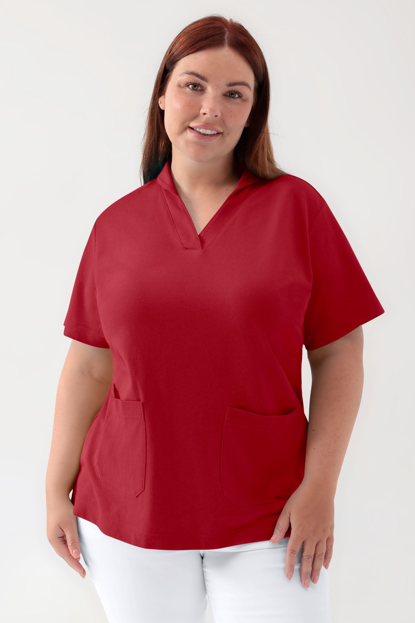 COMFY FLEX Stretch Schlupfkasack Damen - Schalkragen rot, Vorderansicht 