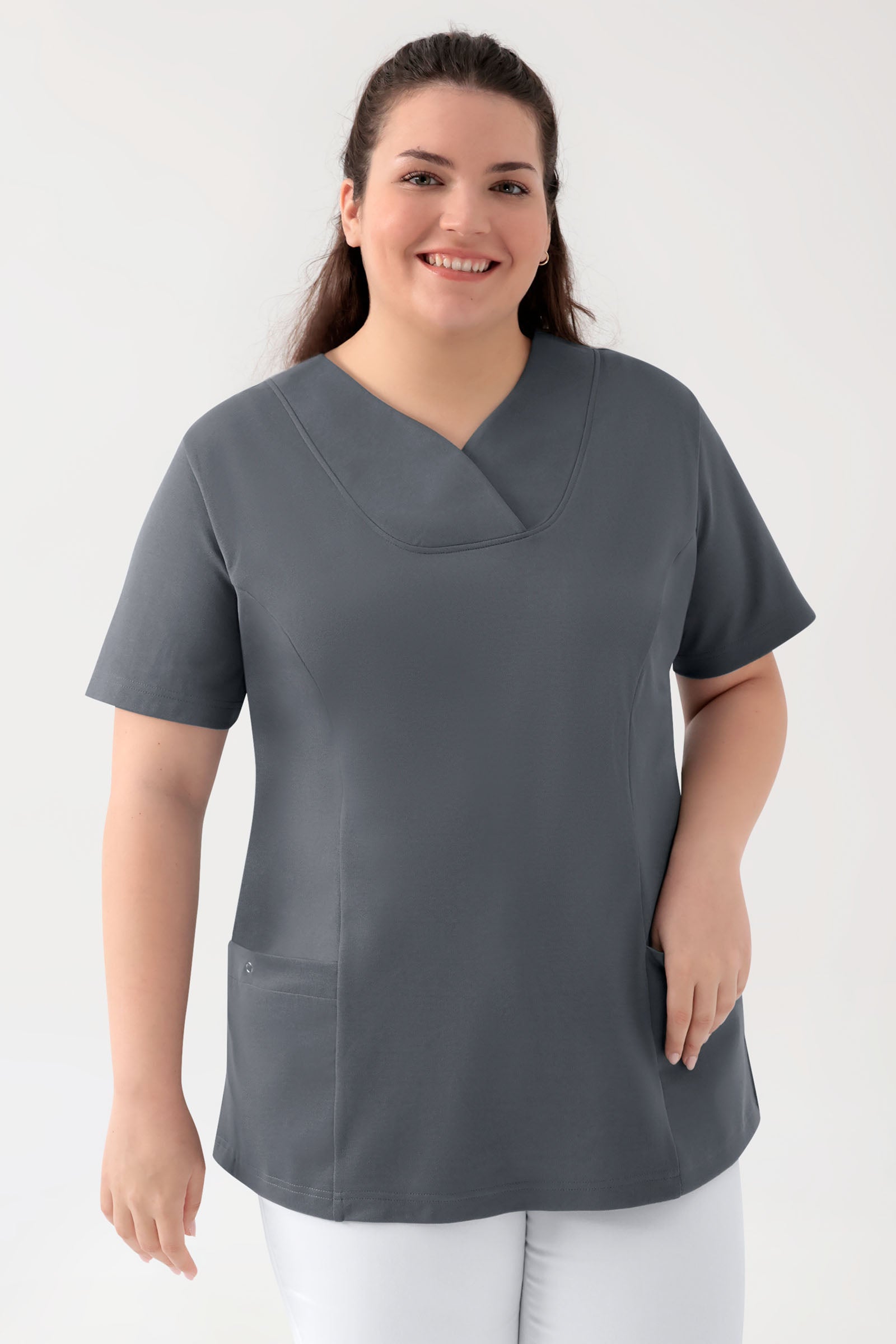 COMFY FLEX Stretch Schlupfkasack Damen - Herzausschnitt steingrau, Vorderansicht 
