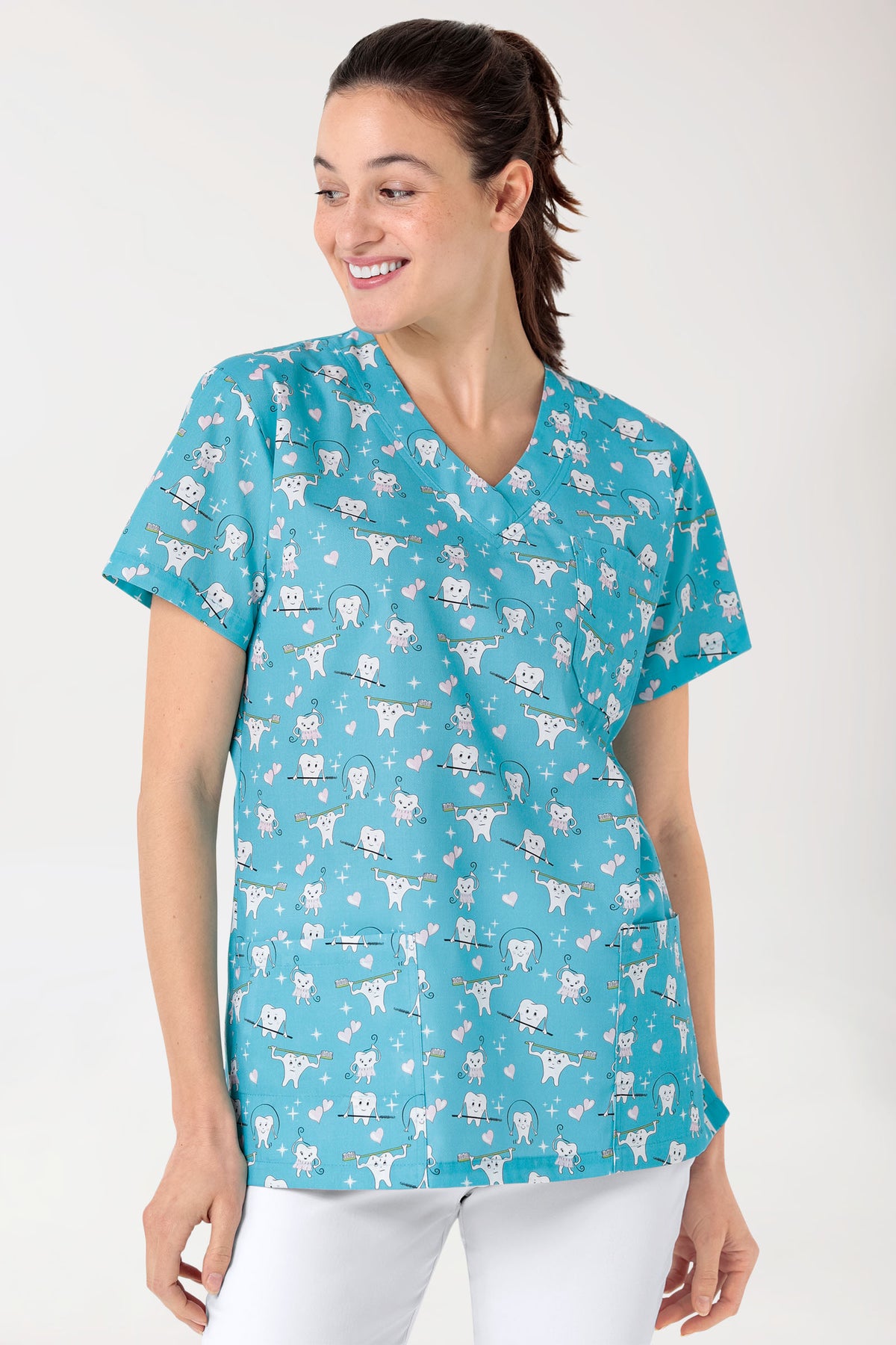 Leichter Schlupfkasack Damen - Alloverprint türkis/weiß/rosa, Vorderansicht 