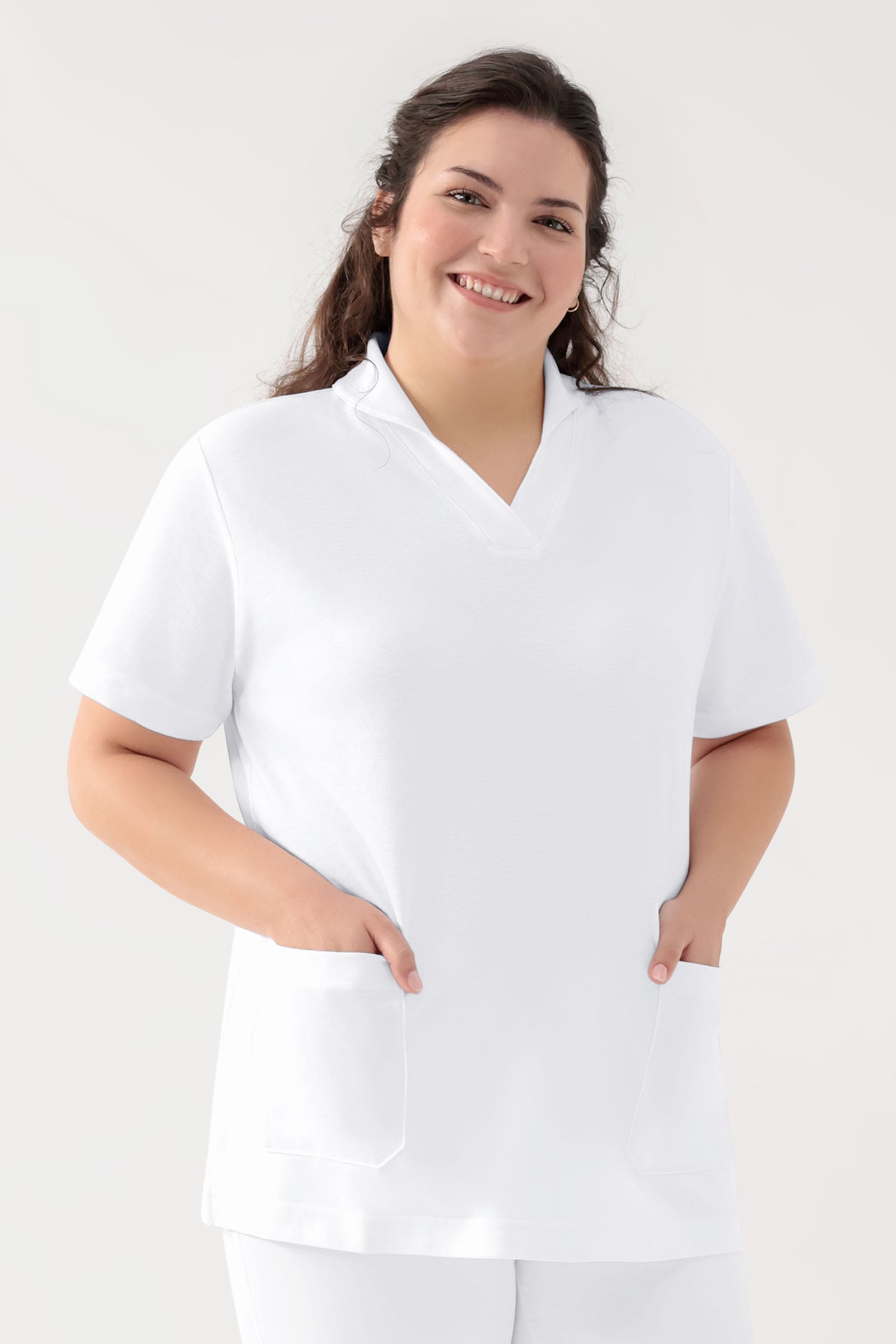 COMFY FLEX Stretch Schlupfkasack Damen - Schalkragen weiß