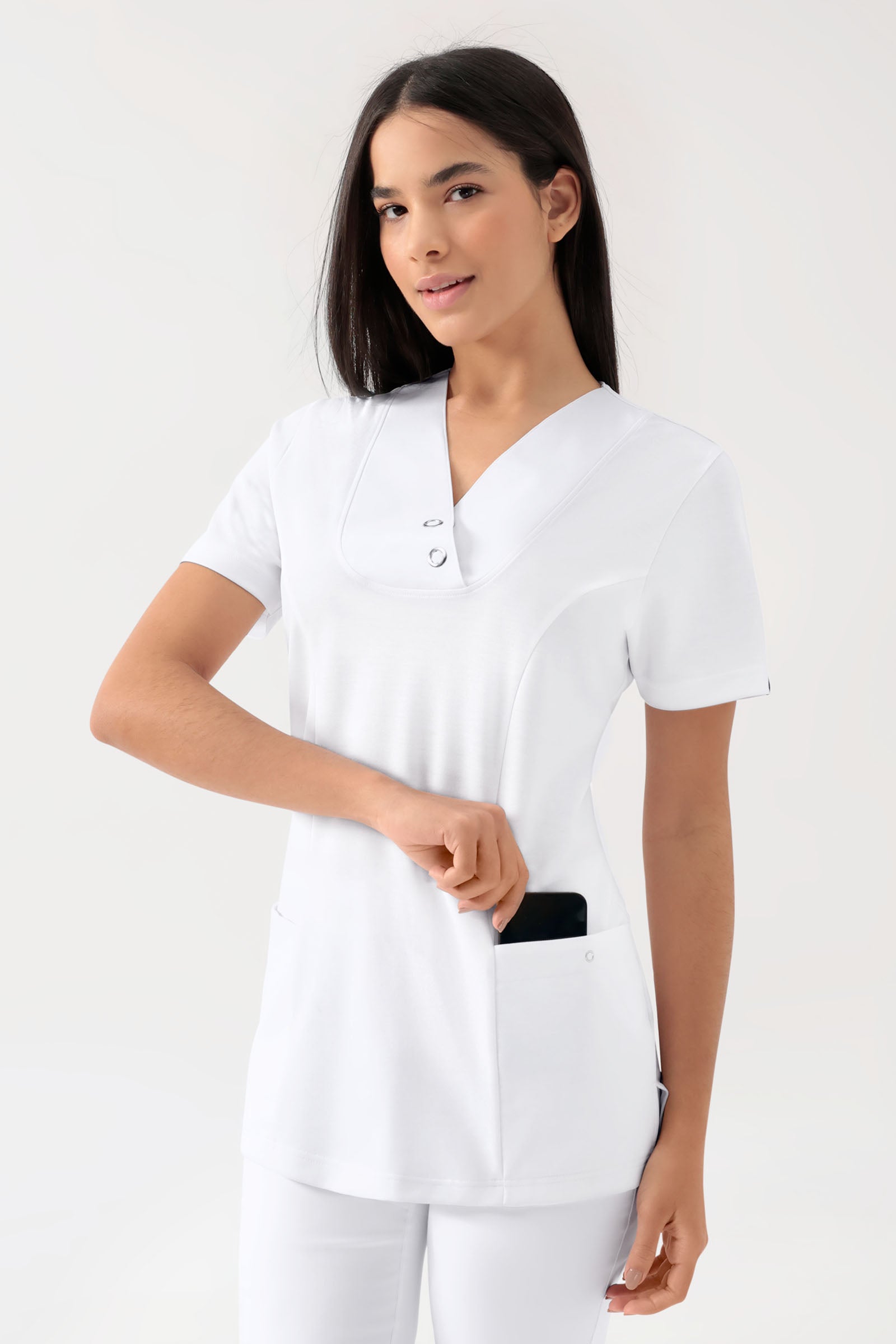 COMFY FLEX Stretch Schlupfkasack Damen - mit Druckknöpfen weiß