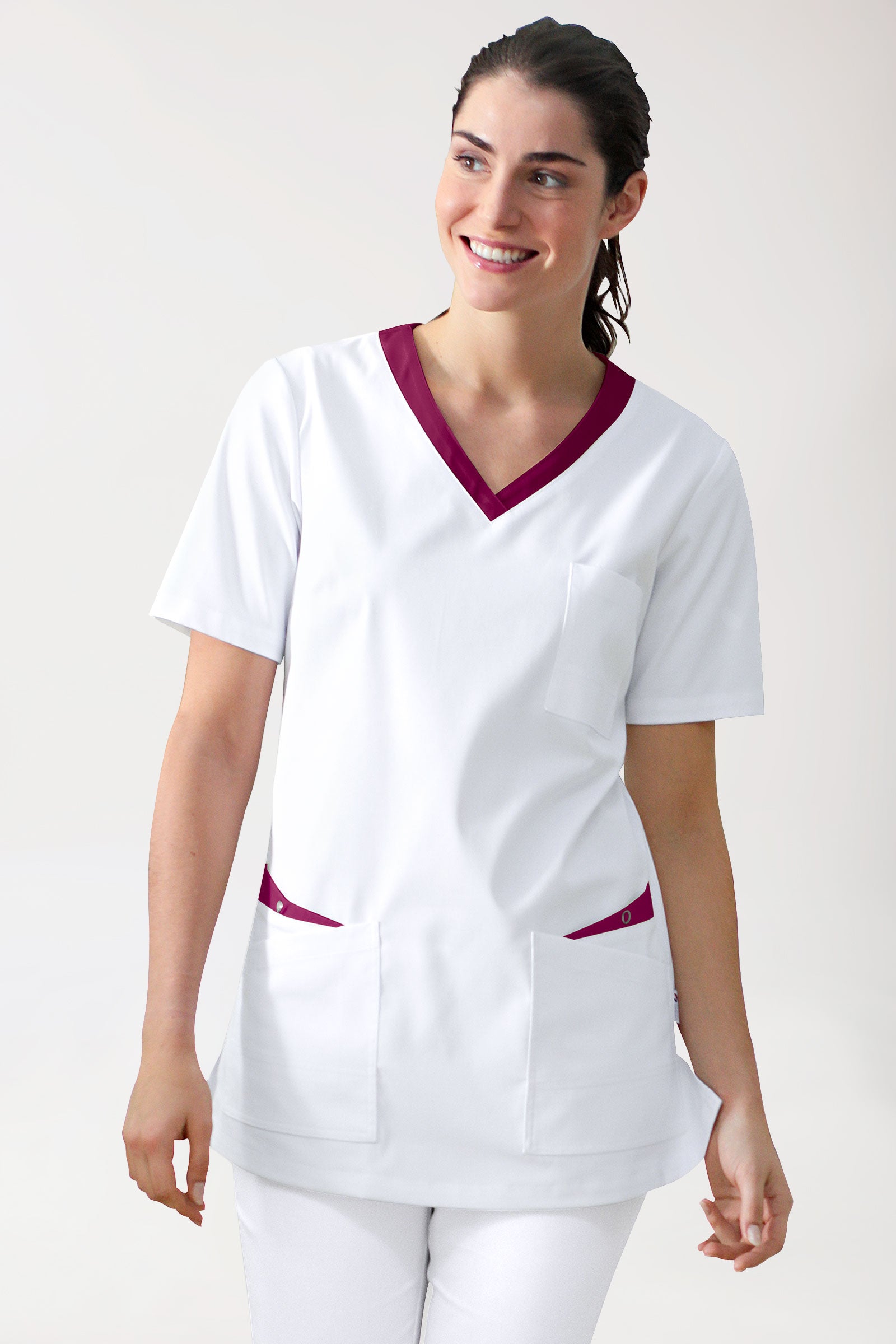 CLINIC STRETCH Schlupfkasack Damen - 1/2 Arm weiß/berry