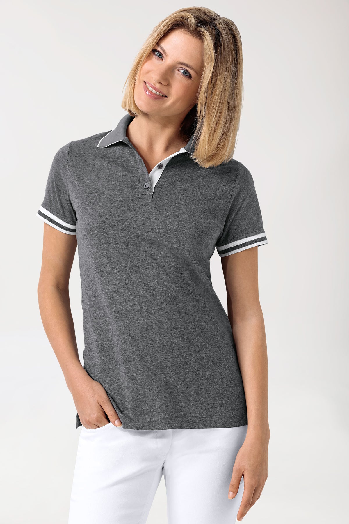 Stretch Shirt Damen - Polokragen dunkelgrau melange/weiß, Vorderansicht 