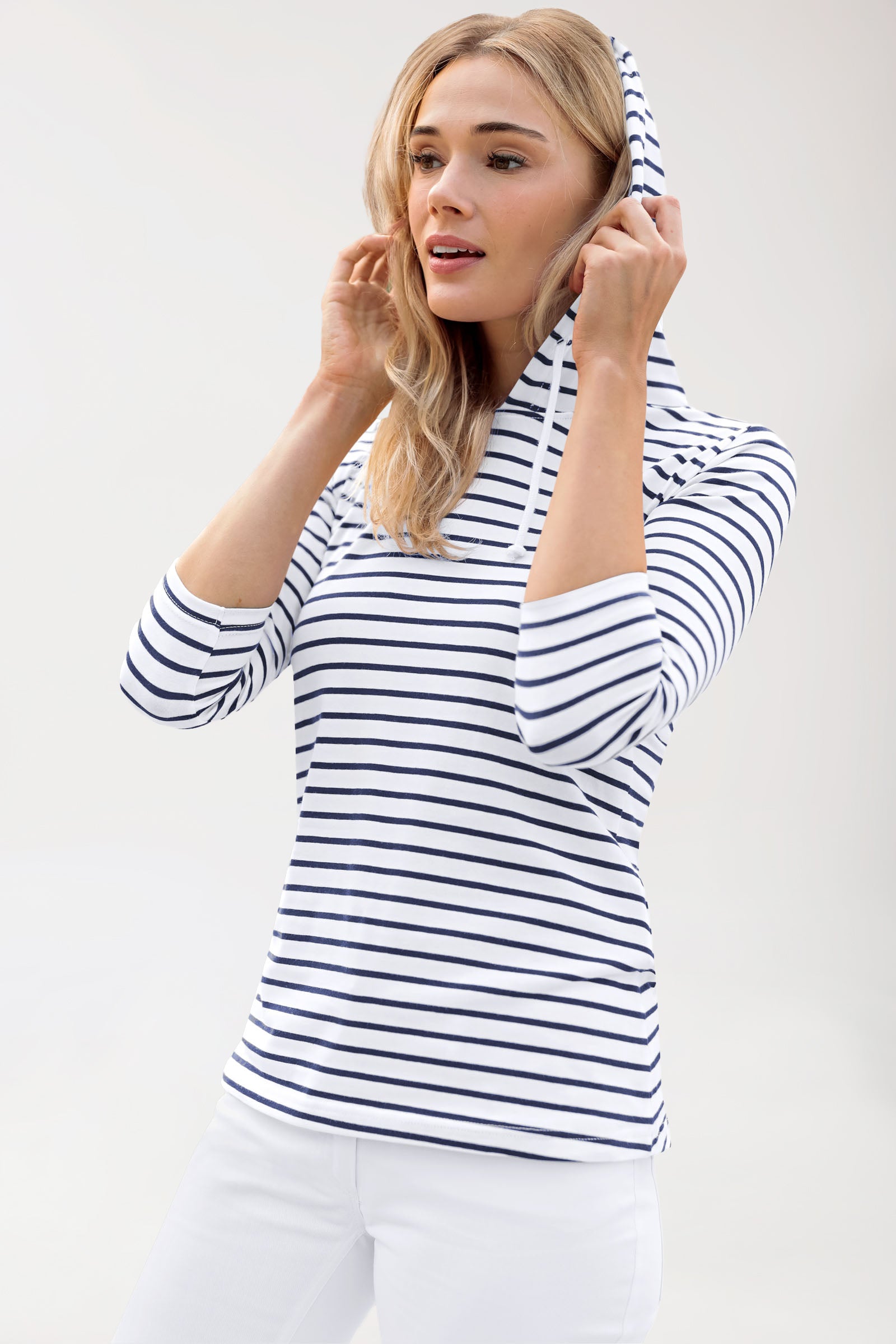 Kapuzenshirt Damen - 3/4 Arm weiß/navy