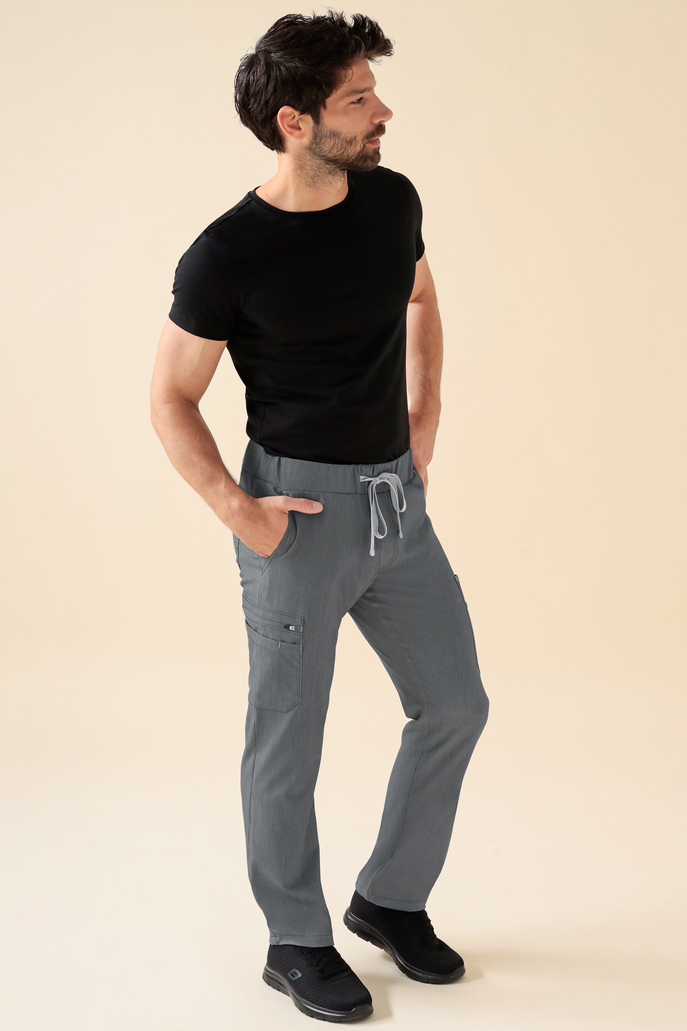 KAERE Hose Herren - gerader Saum Kurzgr. mit Beintaschen grau melange, Vorderansicht 