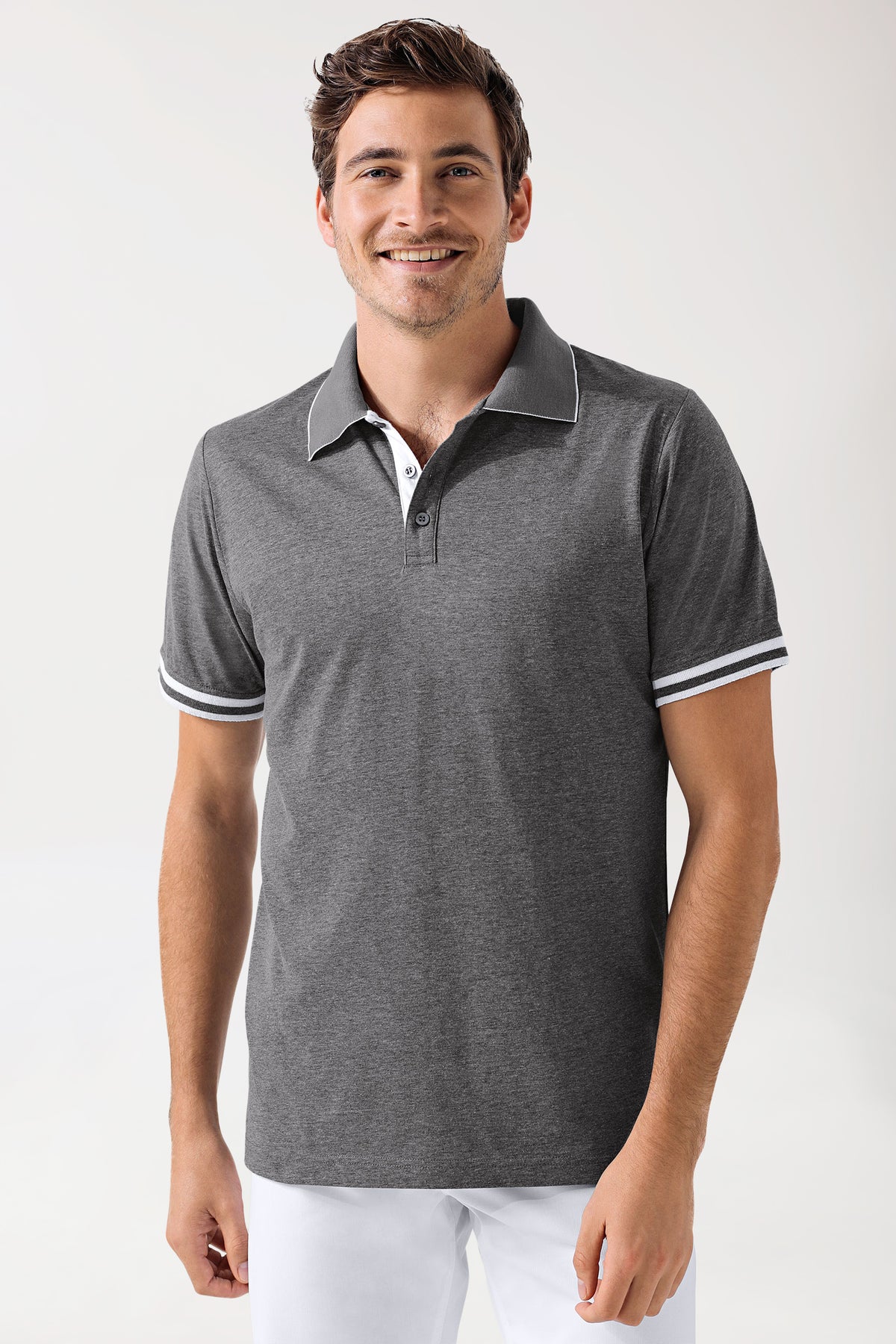 Stretch Shirt Herren - Polokragen - Kontrastknopfleiste - dunkelgrau melange/weiß, Vorderansicht 