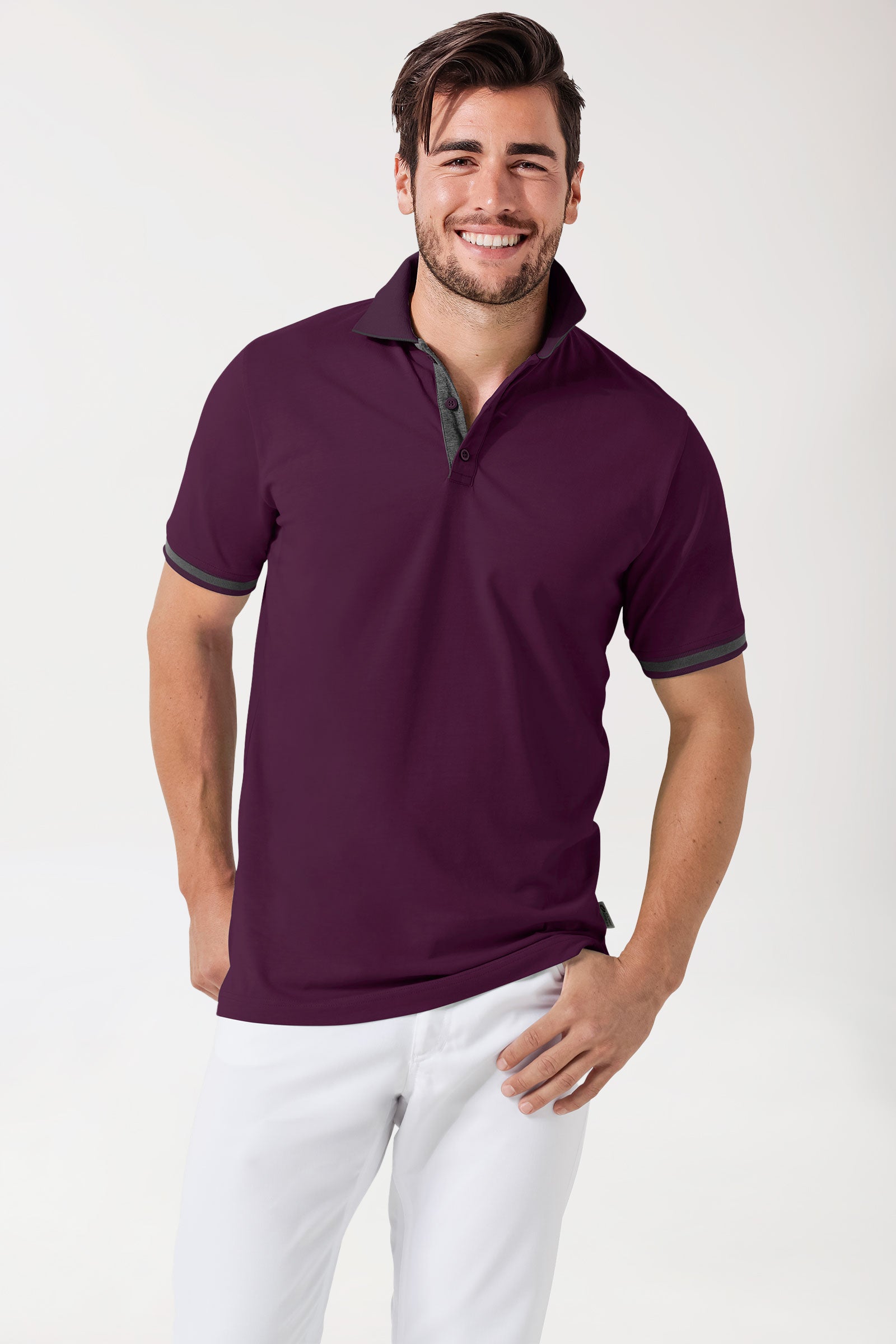 Stretch Shirt Herren - Polokragen pflaume/dunkelgrau melange