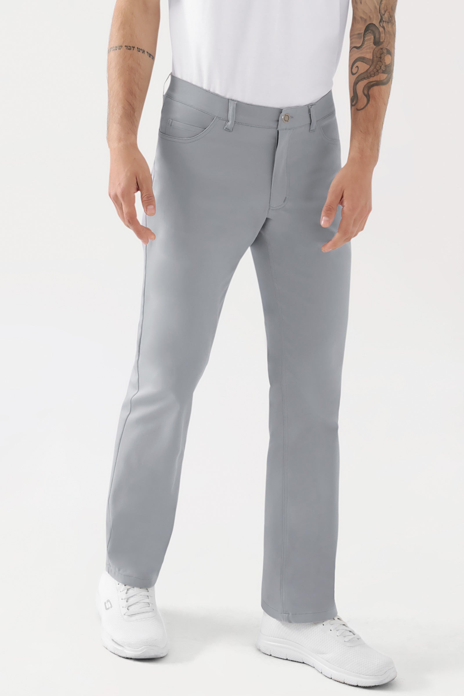 COMFY FLEX 5-Pocket Hose Herren - gerades Bein grau, Vorderansicht Das Model ist 188 cm groß und trägt Größe 48
