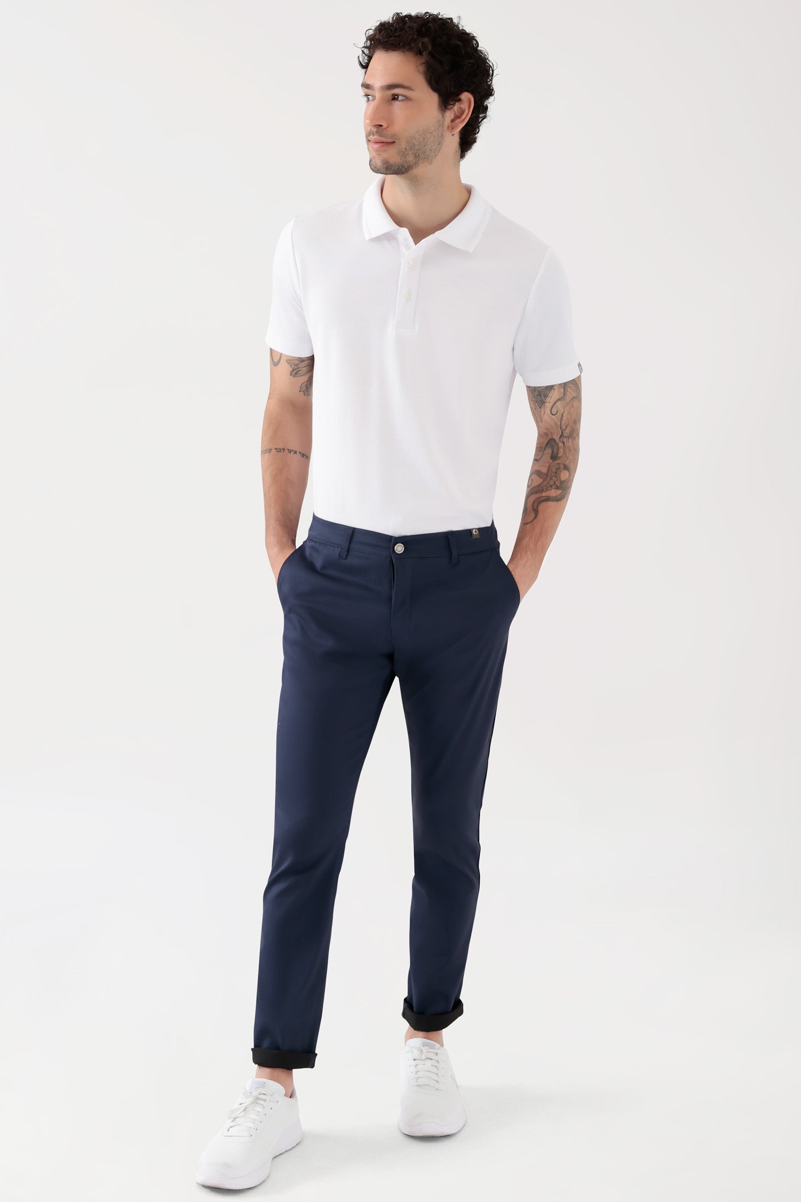 COMFY FLEX Hose Herren - Chino Style navy, Vorderansicht Das Model ist 188 cm groß und trägt Größe 48