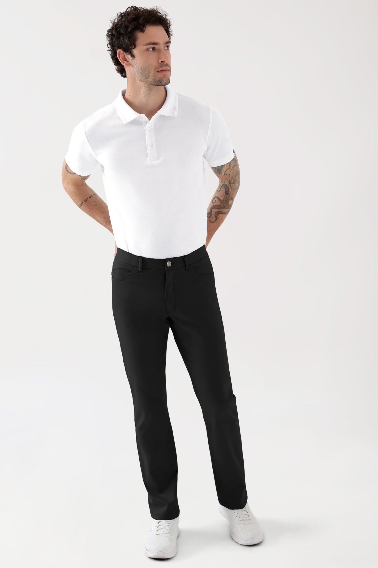 COMFY FLEX 5-Pocket Hose Herren - gerades Bein schwarz, Vorderansicht Das Model ist 188 cm groß und trägt Größe 48