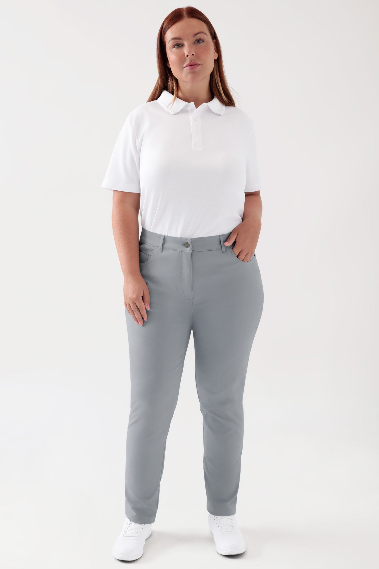 COMFY FLEX 5-Pocket Hose Damen - schlankes Bein grau, Vorderansicht Das Model ist 173 cm groß und trägt Größe 46