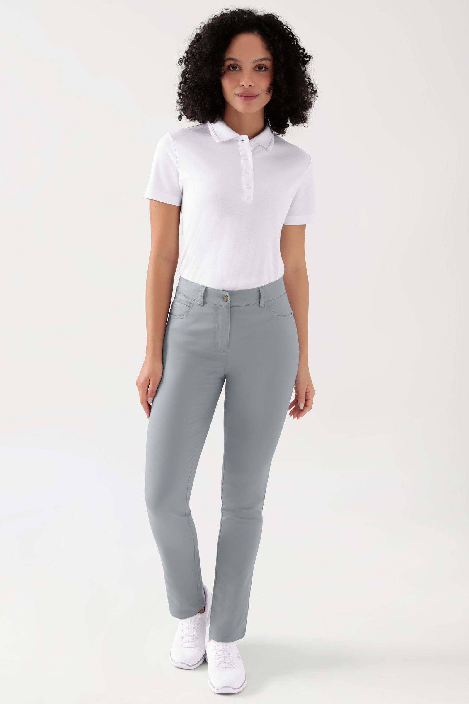 COMFY FLEX 5-Pocket Hose Damen - gerades Bein grau, Vorderansicht Das Model ist 176 cm groß und trägt Größe 36