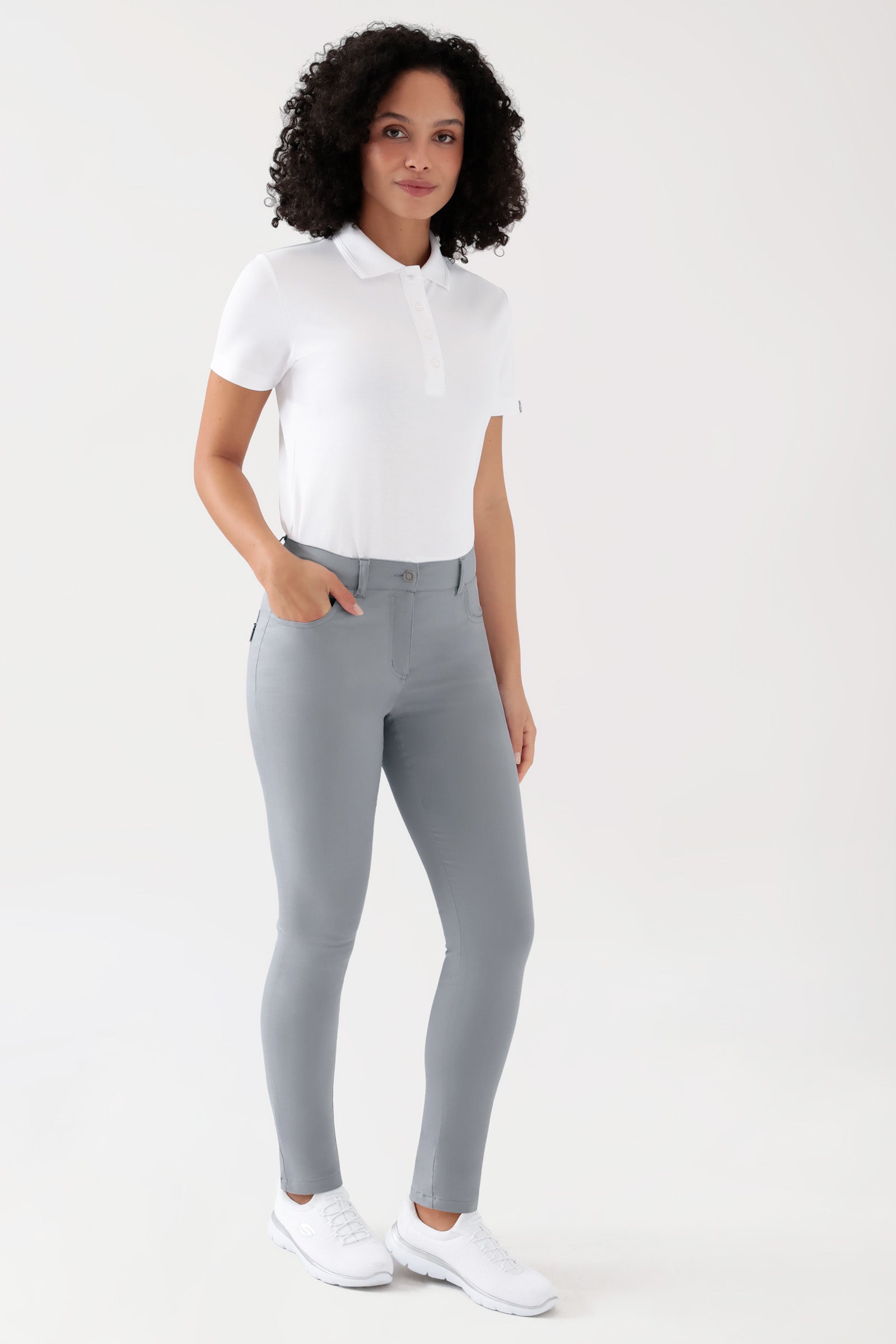 COMFY FLEX 5-Pocket Hose Damen - schlankes Bein grau, Vorderansicht Das Model ist 176 cm groß und trägt Größe 36