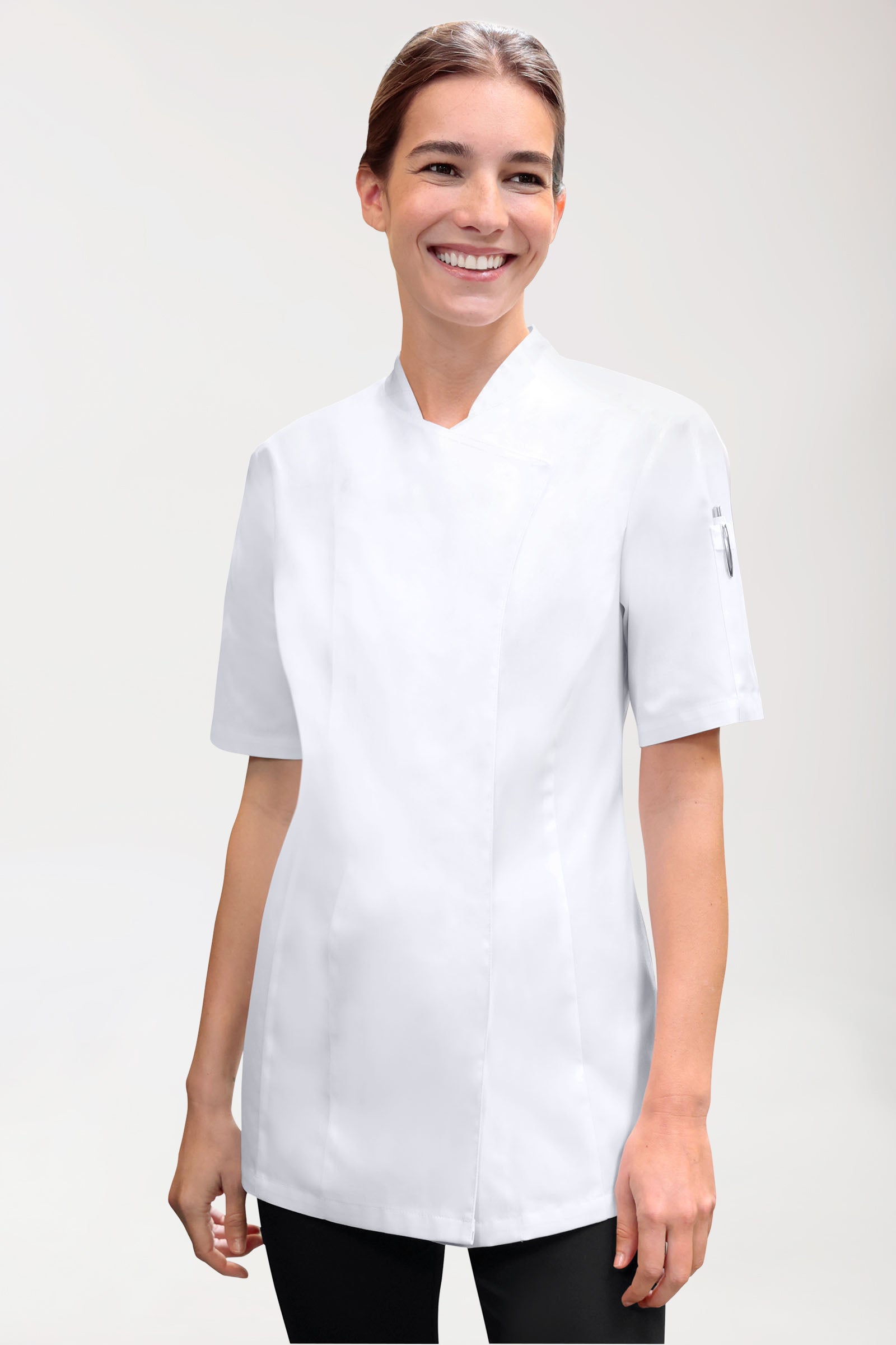 Gastro Kochjacke Damen - 1/2 Arm weiß, Vorderansicht 