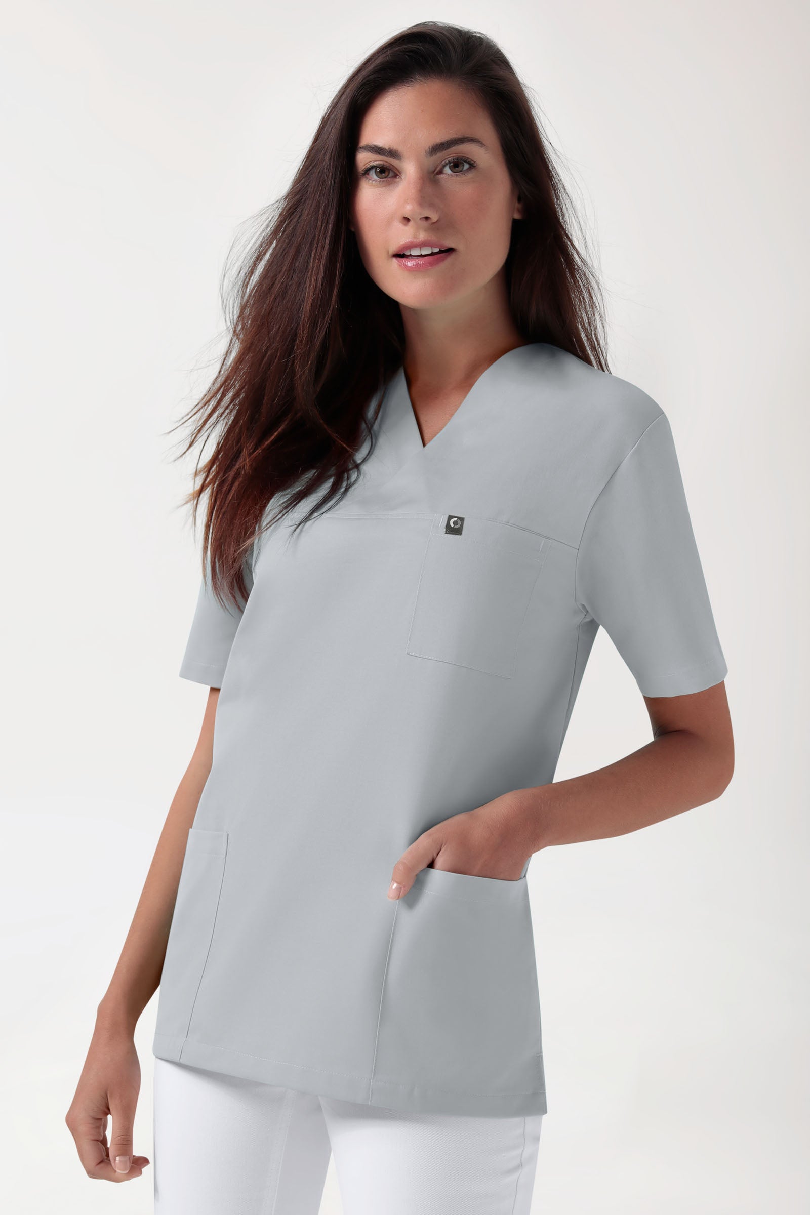 GREEN Stretch Schlupfkasack Unisex - V-Ausschnitt perlgrau, Vorderansicht 