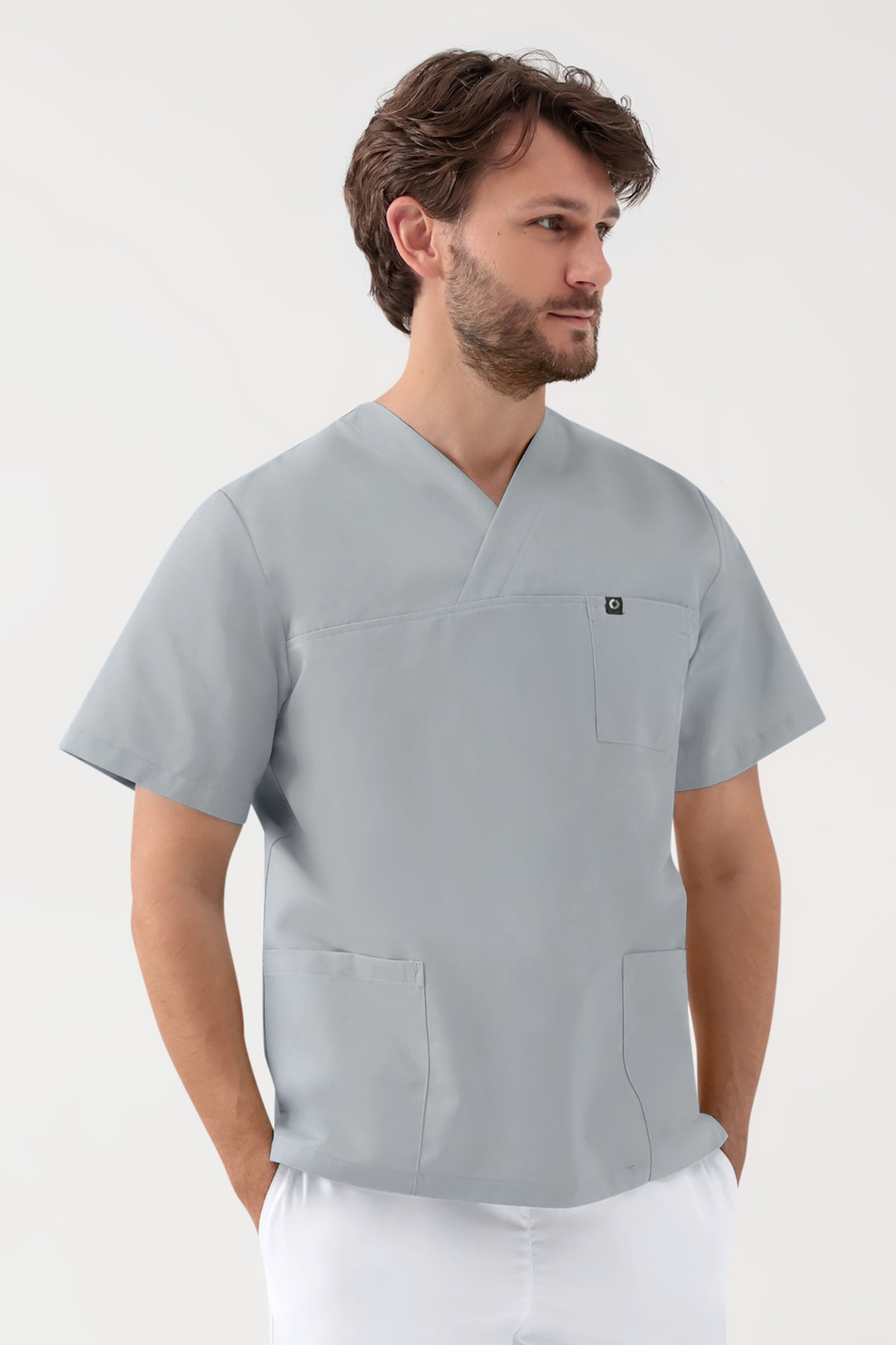 GREEN Stretch Schlupfkasack Unisex - V-Ausschnitt perlgrau, Vorderansicht 