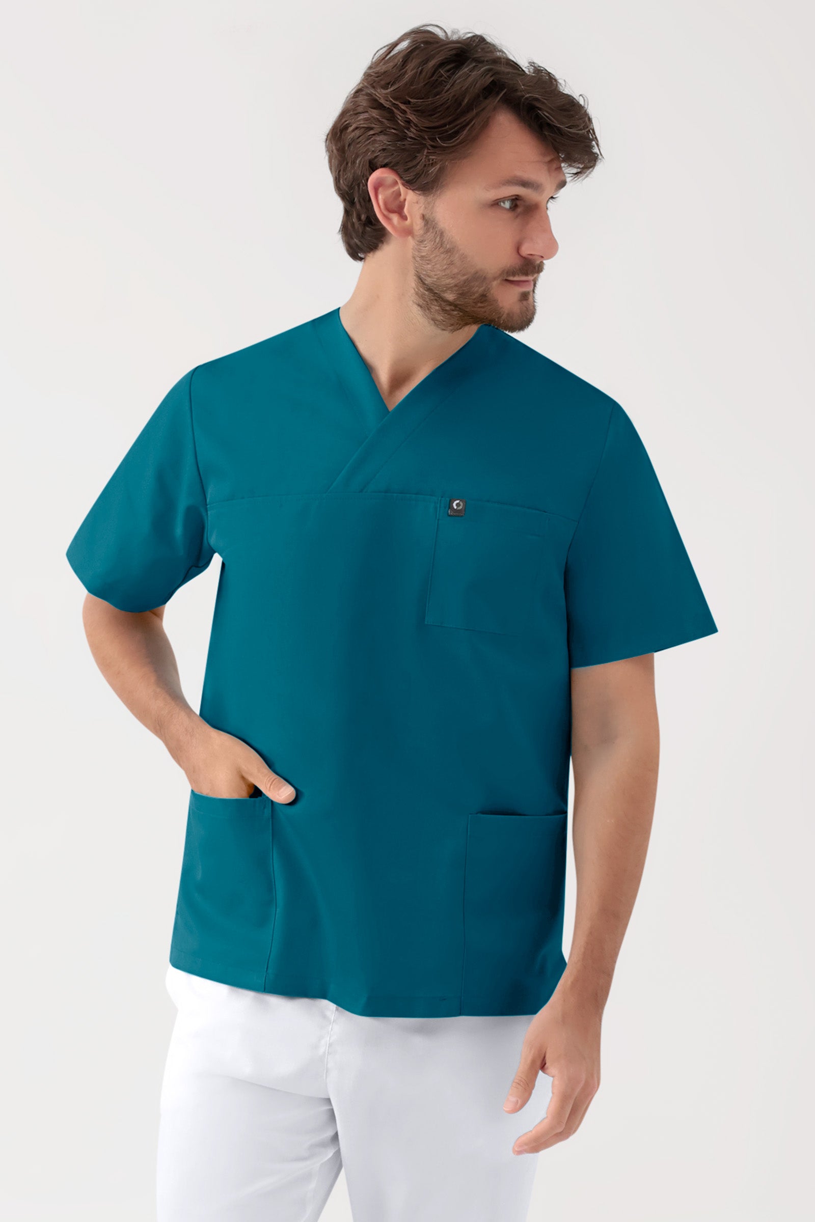 GREEN Stretch Schlupfkasack Unisex - V-Ausschnitt petrol, Vorderansicht 