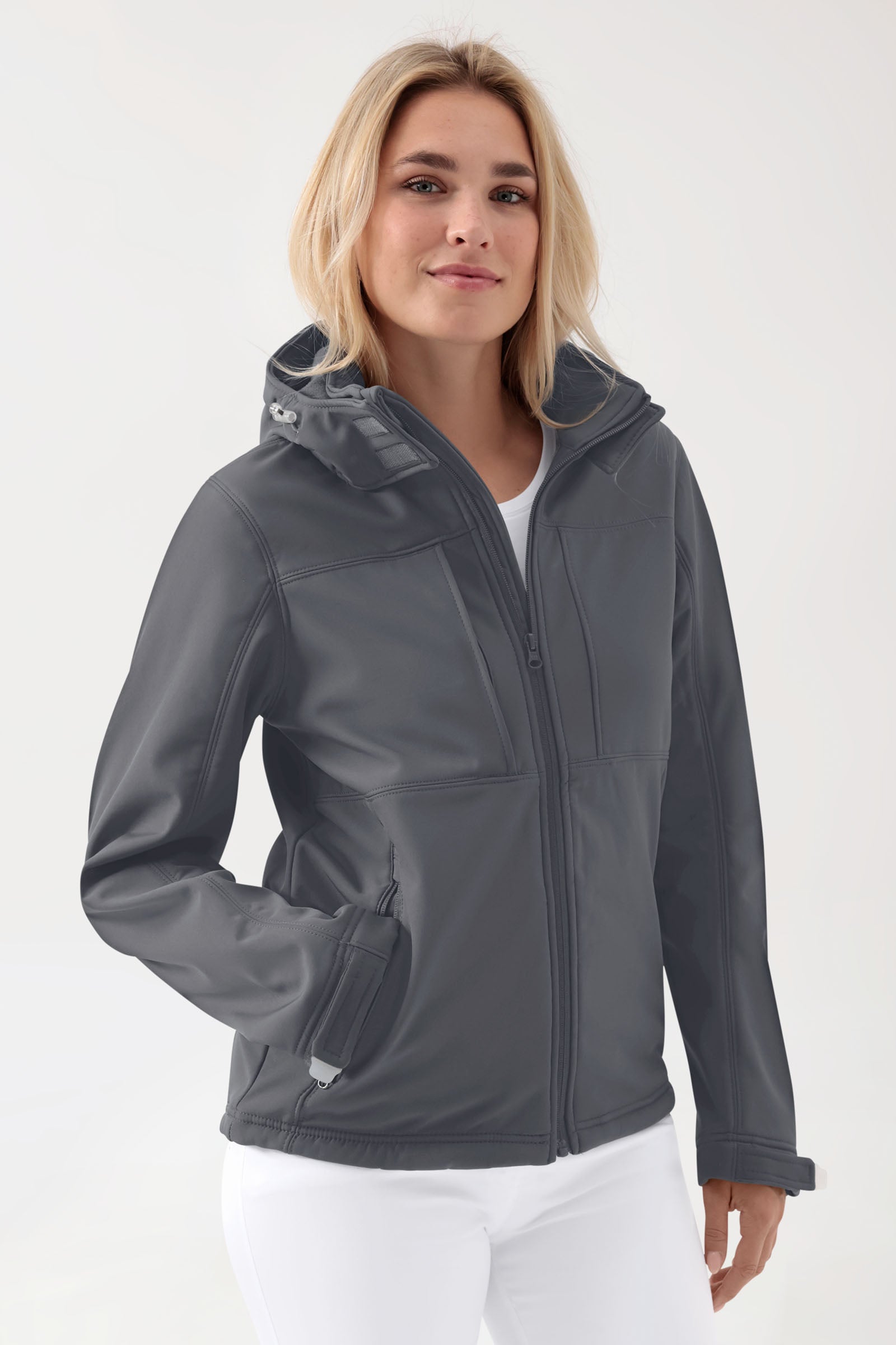 Softshell Jacken Unisex - abnehmbare Kapuze erzgrau, Vorderansicht 