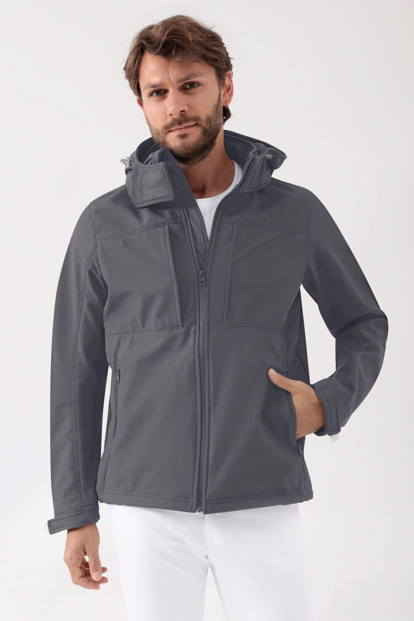 Softshell Jacken Unisex - abnehmbare Kapuze erzgrau
