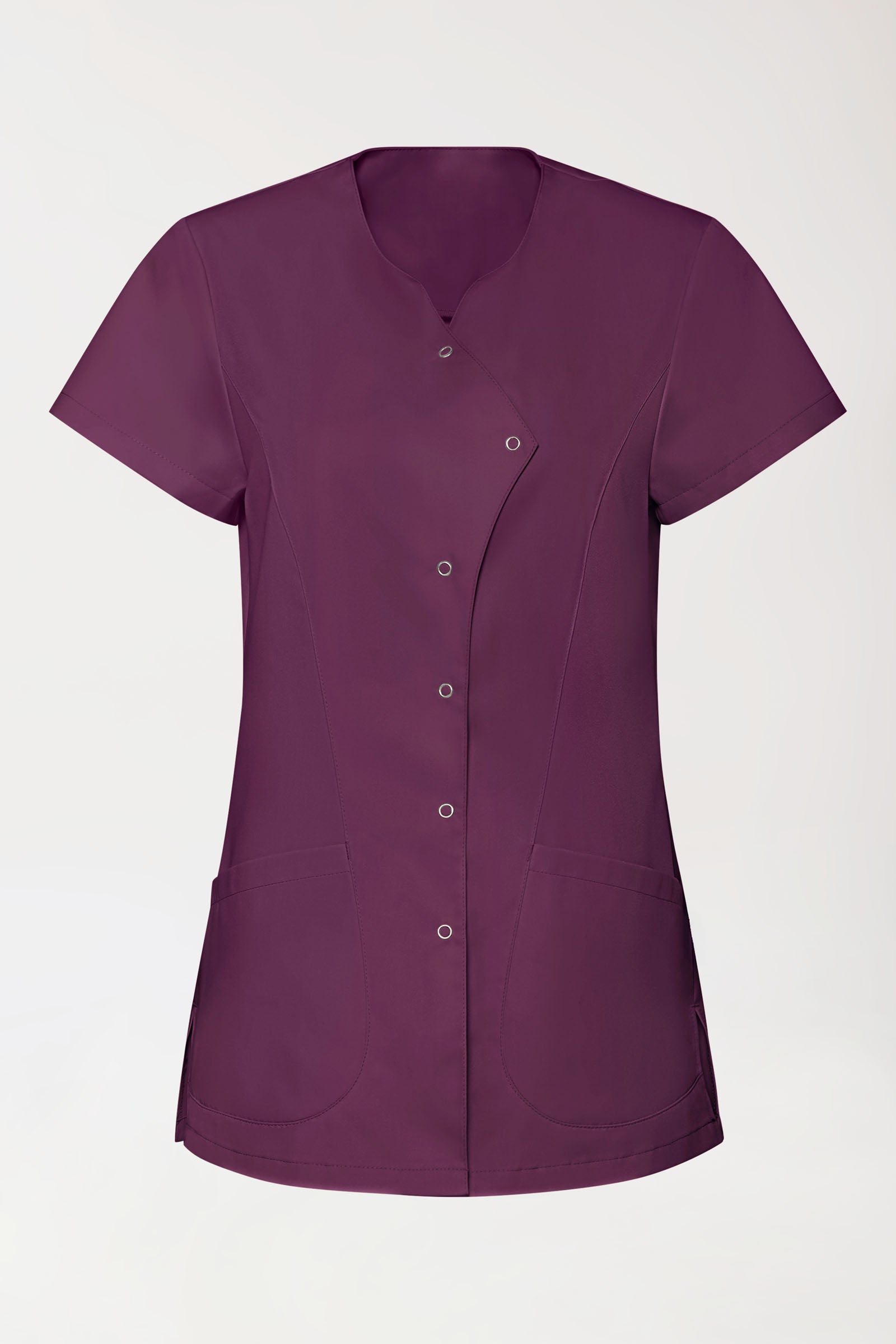 GREEN Stretch Kasack Damen - asymmetrische Druckknopfleiste pflaume, Vorderansicht 