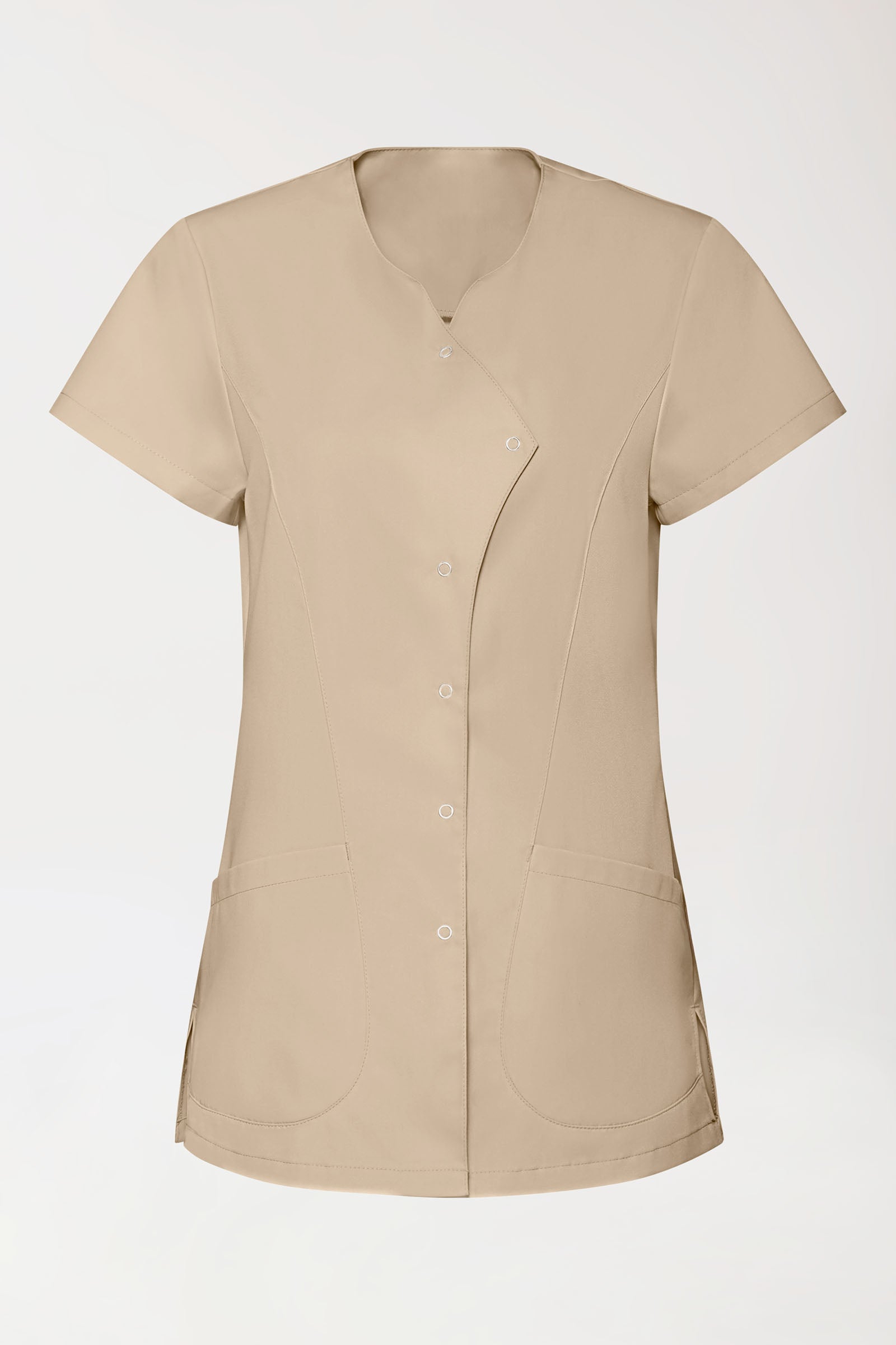 GREEN Stretch Kasack Damen - asymmetrische Druckknopfleiste sand, Vorderansicht 