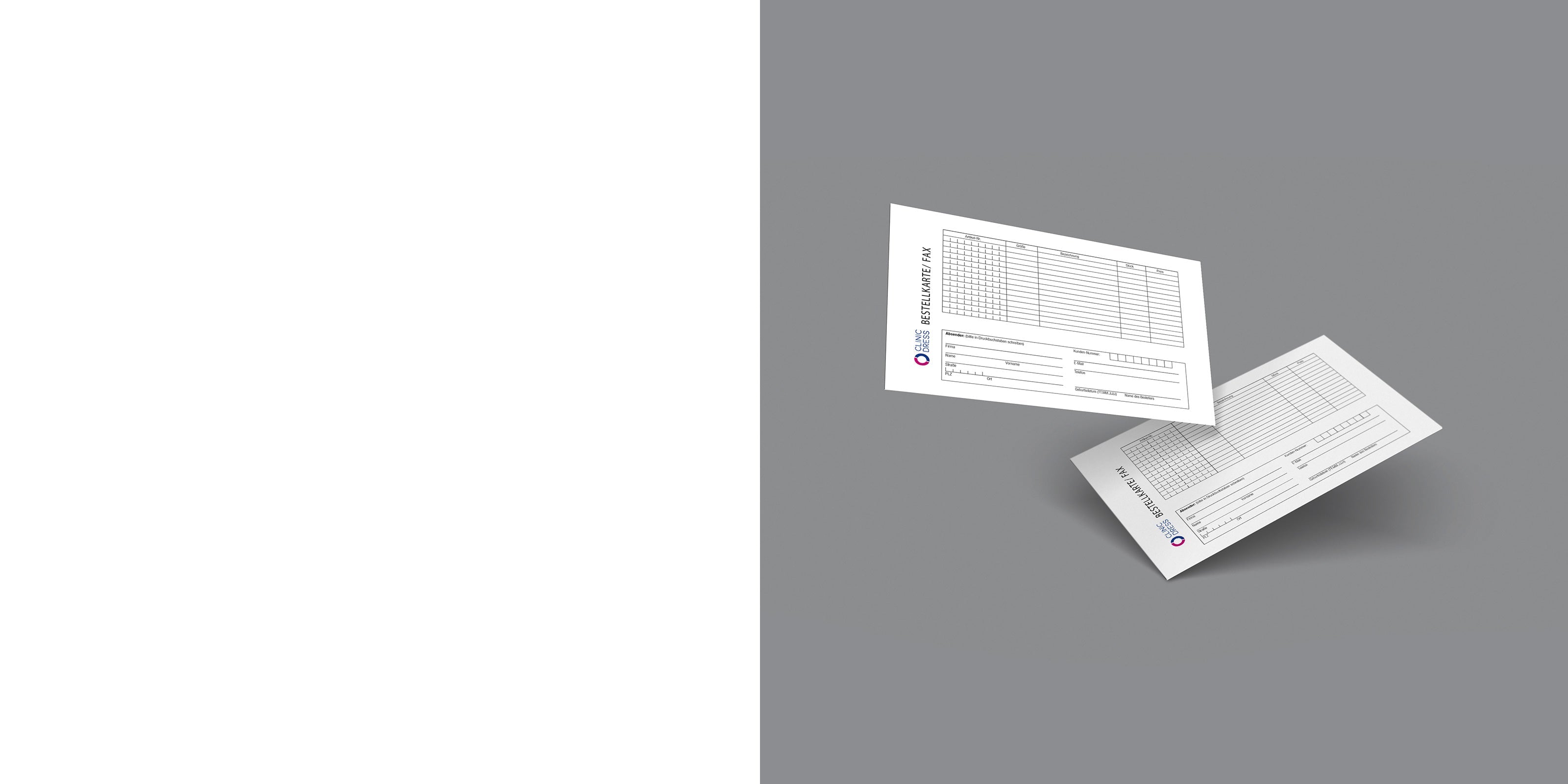 Aufnahme der CLINIC DRESS Bestellkarte
